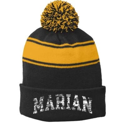 Marian Vintage Arch Logo University Sports Style Stripe Pom Pom Beanie