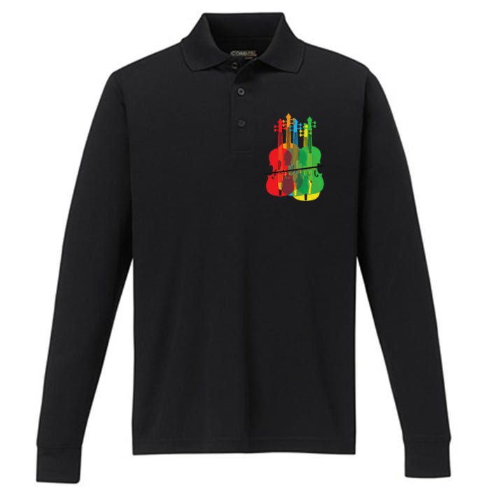 Multicolored Violins Birthday Gift For Musicians Performance Long Sleeve Polo