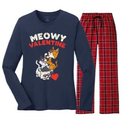 Meowy Valentine Cats Cute Kitten Cat Valentines Day Funny Women's Long Sleeve Flannel Pajama Set 