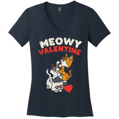 Meowy Valentine Cats Cute Kitten Cat Valentines Day Funny Women's V-Neck T-Shirt