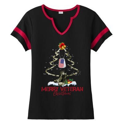 Merry Veteran Christmas Army Camo Xmas Tree Christmas Ladies Halftime Notch Neck Tee