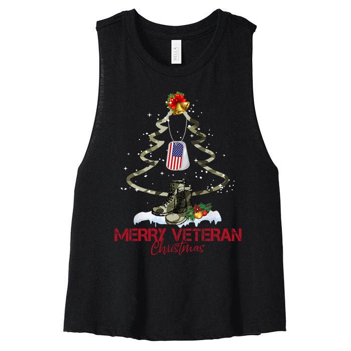 Merry Veteran Christmas Army Camo Xmas Tree Christmas Women's Racerback Cropped Tank