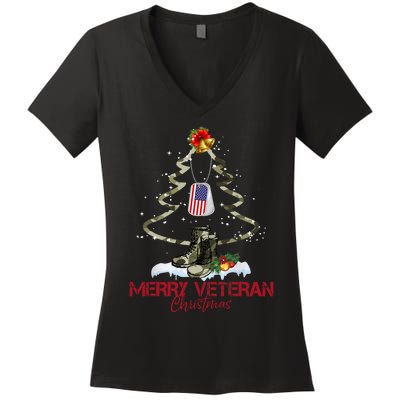 Merry Veteran Christmas Army Camo Xmas Tree Christmas Women's V-Neck T-Shirt