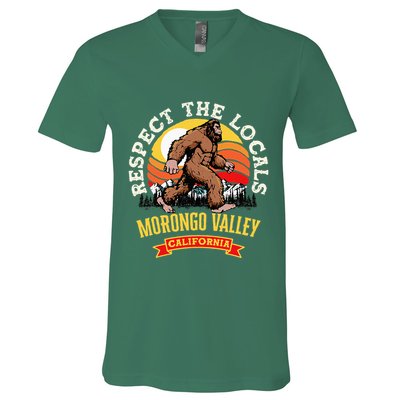 Morongo Valley California Respect The Locals Retro Bigfoot V-Neck T-Shirt