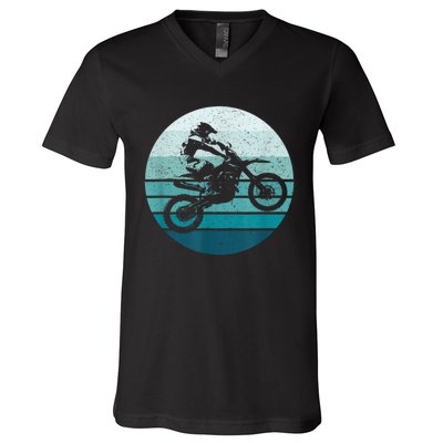 Motocross Vintage Dirt Bike Rider Sunset Background V-Neck T-Shirt