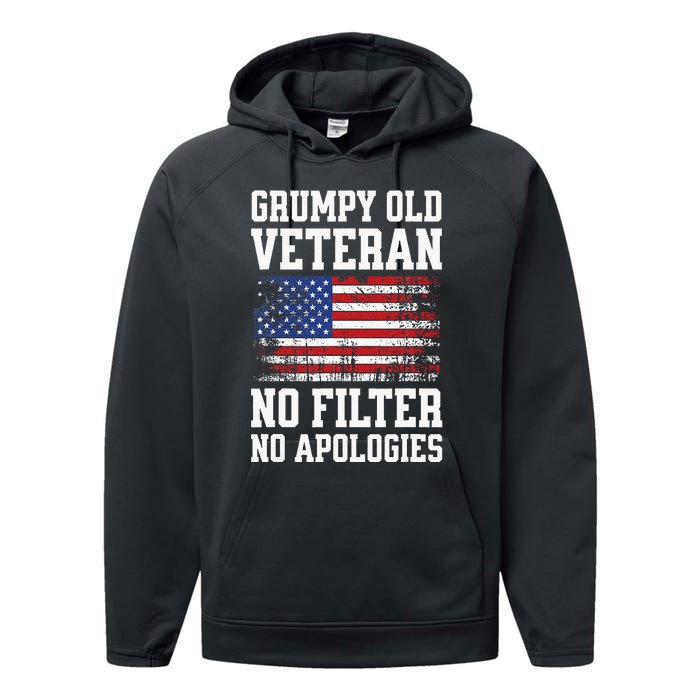 Military Veteran Funny American Flag Grumpy Old Vet Performance Fleece Hoodie