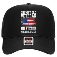 Military Veteran Funny American Flag Grumpy Old Vet High Crown Mesh Back Trucker Hat