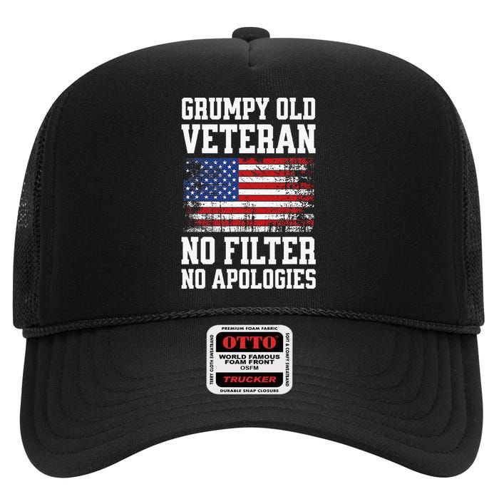 Military Veteran Funny American Flag Grumpy Old Vet High Crown Mesh Back Trucker Hat