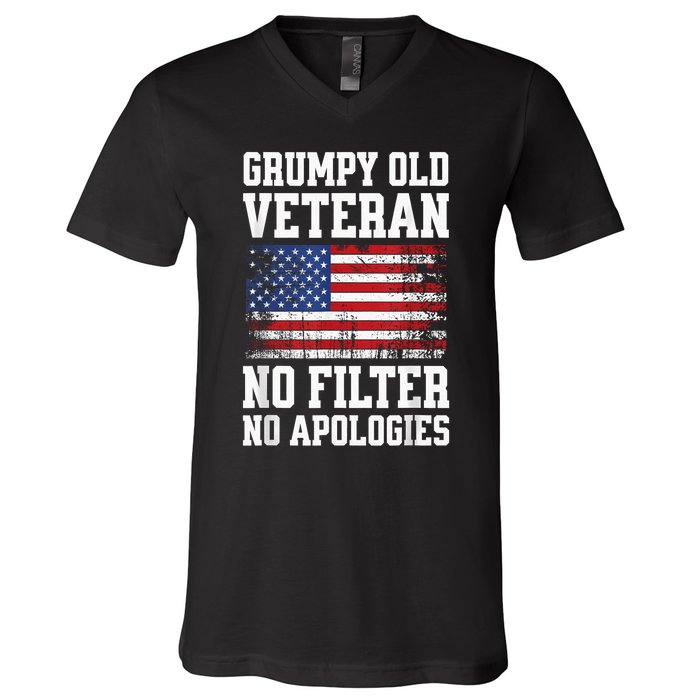 Military Veteran Funny American Flag Grumpy Old Vet V-Neck T-Shirt