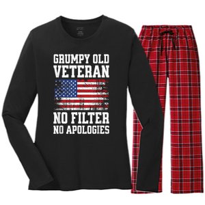 Military Veteran Funny American Flag Grumpy Old Vet Women's Long Sleeve Flannel Pajama Set 