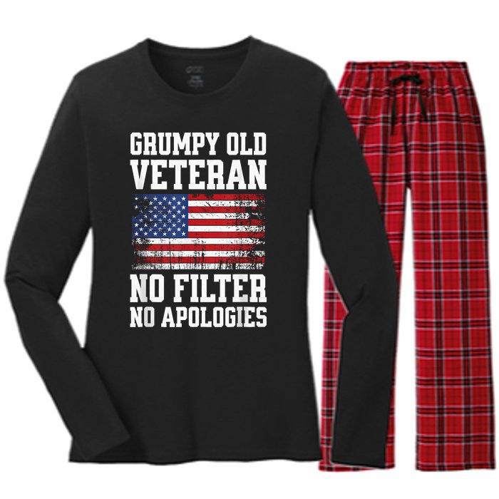 Military Veteran Funny American Flag Grumpy Old Vet Women's Long Sleeve Flannel Pajama Set 