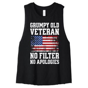 Military Veteran Funny American Flag Grumpy Old Vet Women's Racerback Cropped Tank