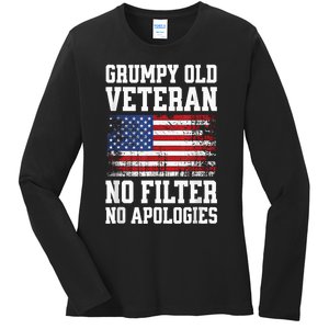 Military Veteran Funny American Flag Grumpy Old Vet Ladies Long Sleeve Shirt