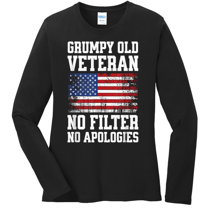 Military Veteran Funny American Flag Grumpy Old Vet Ladies Long Sleeve Shirt