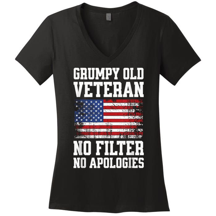 Military Veteran Funny American Flag Grumpy Old Vet Women's V-Neck T-Shirt