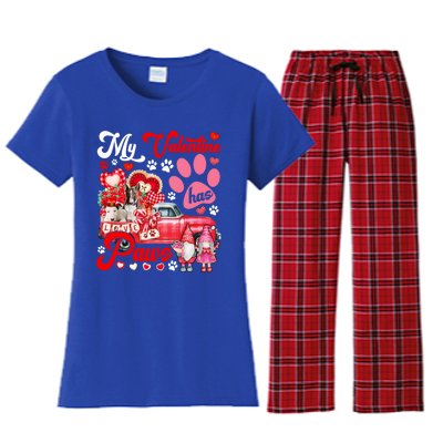 My Valentine Has Paws Couple Bull Terriers On Pickup Gnomes Funny Gift Women's Flannel Pajama Set