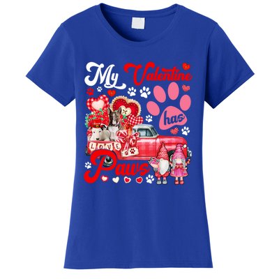 My Valentine Has Paws Couple Bull Terriers On Pickup Gnomes Funny Gift Women's T-Shirt