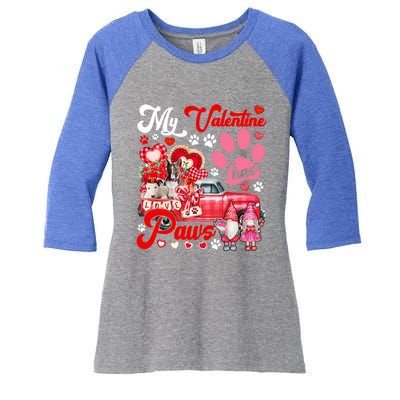 My Valentine Has Paws Couple Bull Terriers On Pickup Gnomes Funny Gift Women's Tri-Blend 3/4-Sleeve Raglan Shirt