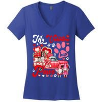 My Valentine Has Paws Couple Bull Terriers On Pickup Gnomes Funny Gift Women's V-Neck T-Shirt