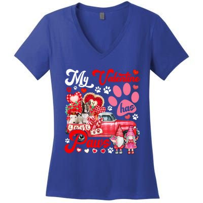 My Valentine Has Paws Couple Bull Terriers On Pickup Gnomes Funny Gift Women's V-Neck T-Shirt