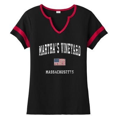 Marthas Vineyard Massachusetts Ma Vintage American Flag Ladies Halftime Notch Neck Tee