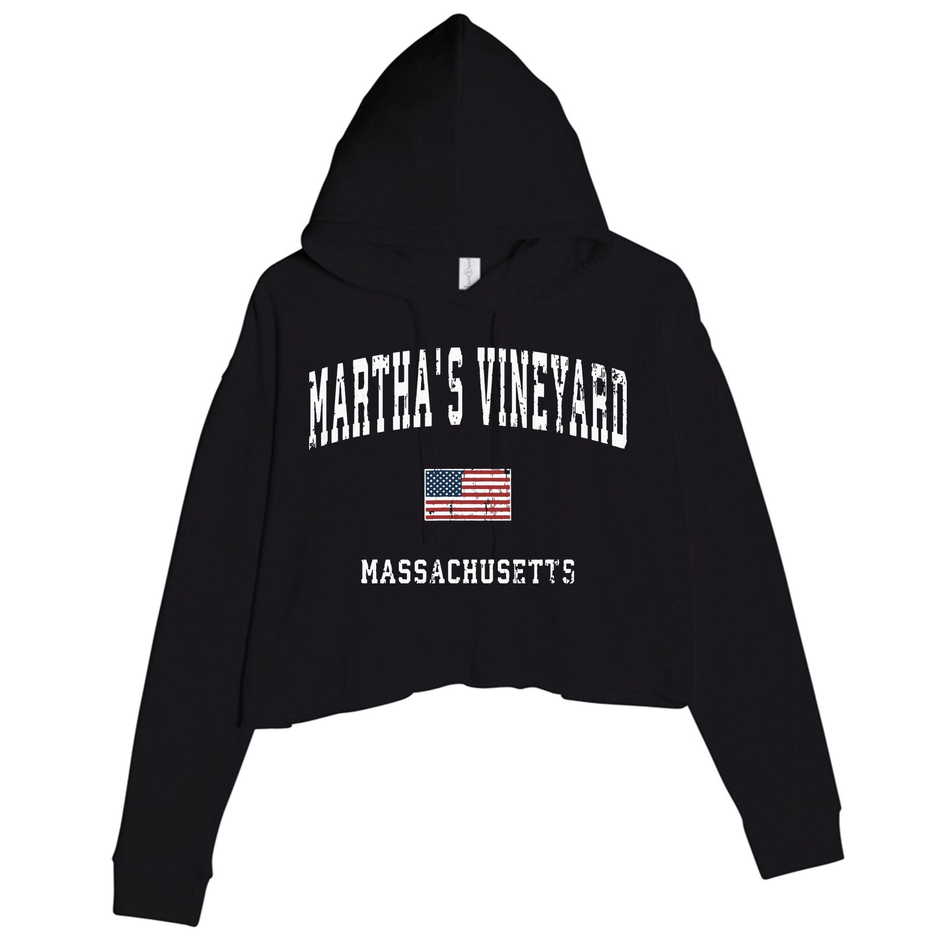 Marthas Vineyard Massachusetts Ma Vintage American Flag Crop Fleece Hoodie