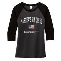 Marthas Vineyard Massachusetts Ma Vintage American Flag Women's Tri-Blend 3/4-Sleeve Raglan Shirt