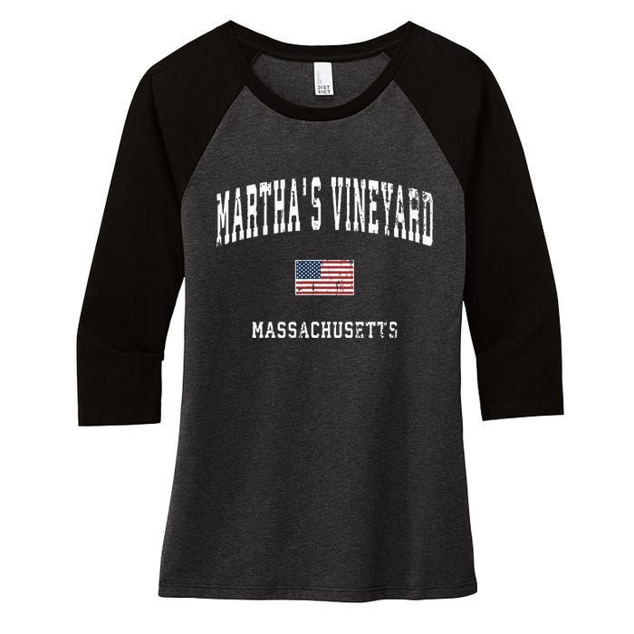 Marthas Vineyard Massachusetts Ma Vintage American Flag Women's Tri-Blend 3/4-Sleeve Raglan Shirt