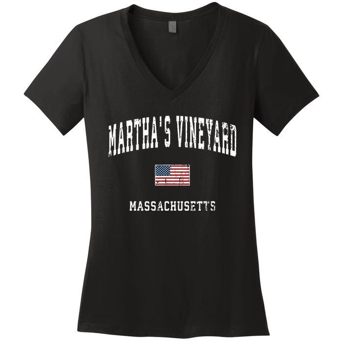 Marthas Vineyard Massachusetts Ma Vintage American Flag Women's V-Neck T-Shirt