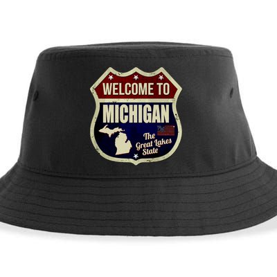 Michigan Vintage Metal Road Sign Logo Sustainable Bucket Hat
