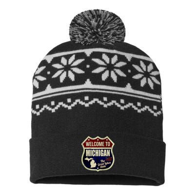 Michigan Vintage Metal Road Sign Logo USA-Made Snowflake Beanie