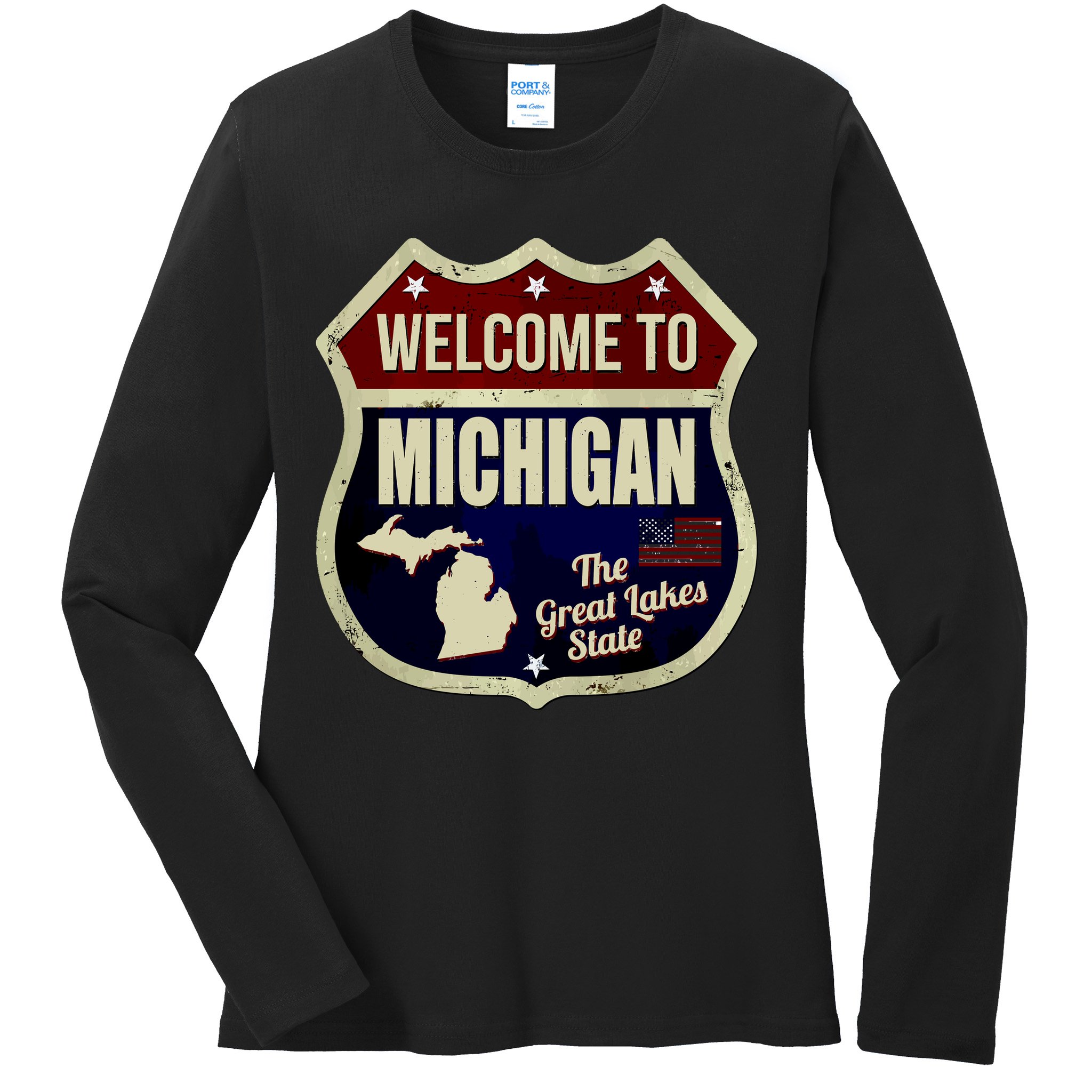 Michigan Vintage Metal Road Sign Logo Ladies Long Sleeve Shirt