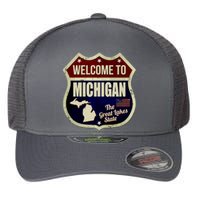 Michigan Vintage Metal Road Sign Logo Flexfit Unipanel Trucker Cap