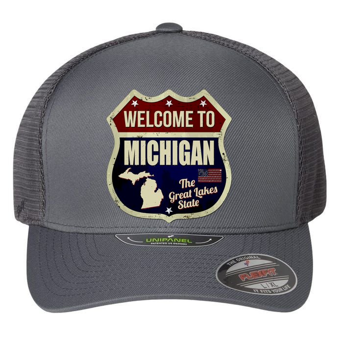 Michigan Vintage Metal Road Sign Logo Flexfit Unipanel Trucker Cap