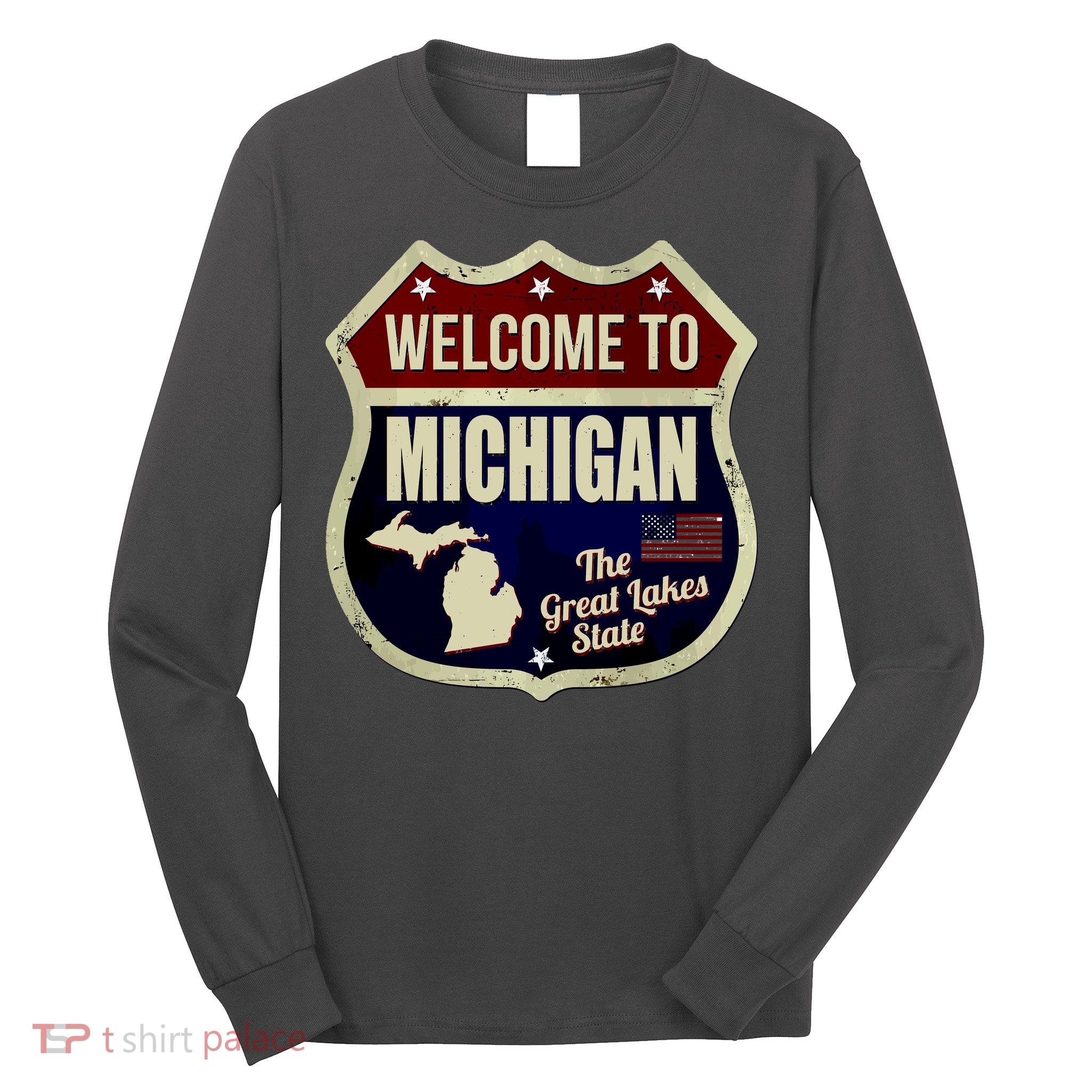 Michigan Vintage Metal Road Sign Logo Long Sleeve Shirt