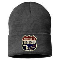 Michigan Vintage Metal Road Sign Logo Sustainable Knit Beanie