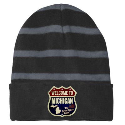 Michigan Vintage Metal Road Sign Logo Striped Beanie with Solid Band