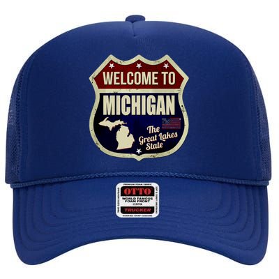 Michigan Vintage Metal Road Sign Logo High Crown Mesh Back Trucker Hat