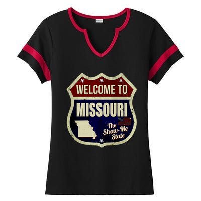 Missouri Vintage Metal Road Sign Logo Ladies Halftime Notch Neck Tee