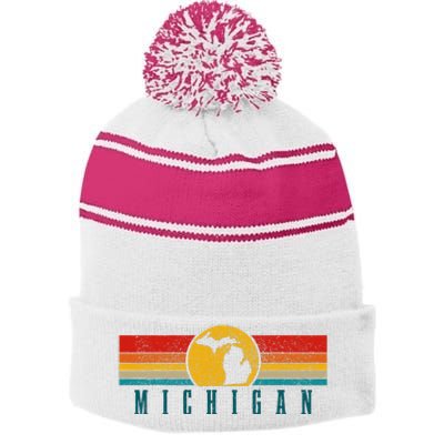 Michigan Vintage Map Roots Pride Retro Stripe Pom Pom Beanie