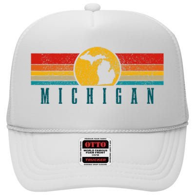 Michigan Vintage Map Roots Pride Retro High Crown Mesh Back Trucker Hat