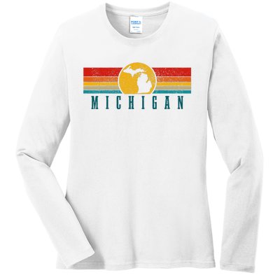 Michigan Vintage Map Roots Pride Retro Ladies Long Sleeve Shirt