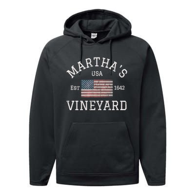 Marthas Vineyard Massachusetts American Flag Usa Vintage Performance Fleece Hoodie