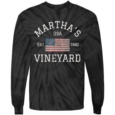 Marthas Vineyard Massachusetts American Flag Usa Vintage Tie-Dye Long Sleeve Shirt