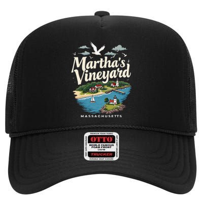 MarthaS Vineyard Massachusetts Scenic Island Illustration High Crown Mesh Back Trucker Hat