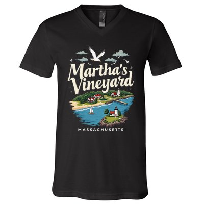 MarthaS Vineyard Massachusetts Scenic Island Illustration V-Neck T-Shirt