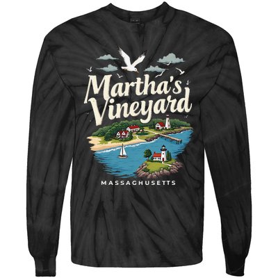 MarthaS Vineyard Massachusetts Scenic Island Illustration Tie-Dye Long Sleeve Shirt