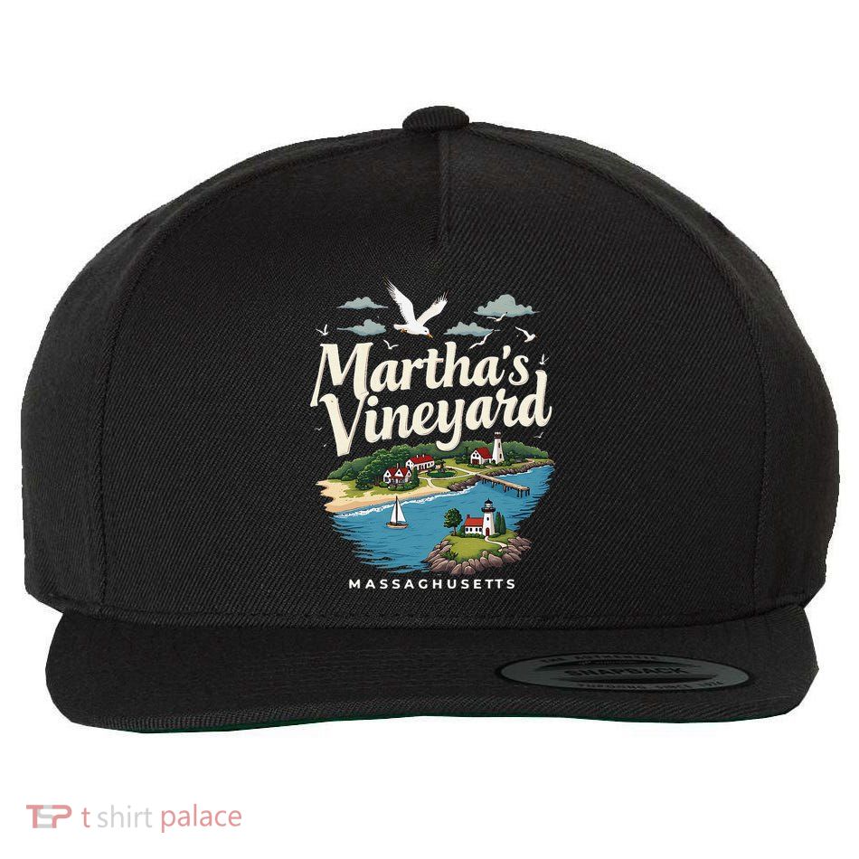 MarthaS Vineyard Massachusetts Scenic Island Illustration Wool Snapback Cap