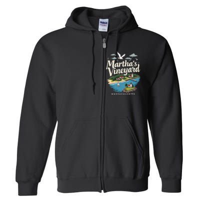 MarthaS Vineyard Massachusetts Scenic Island Illustration Full Zip Hoodie