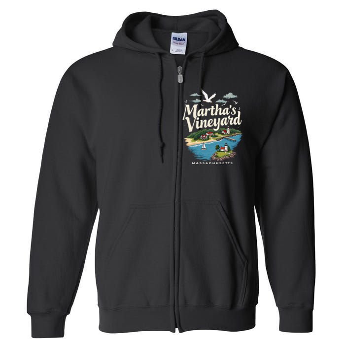 MarthaS Vineyard Massachusetts Scenic Island Illustration Full Zip Hoodie